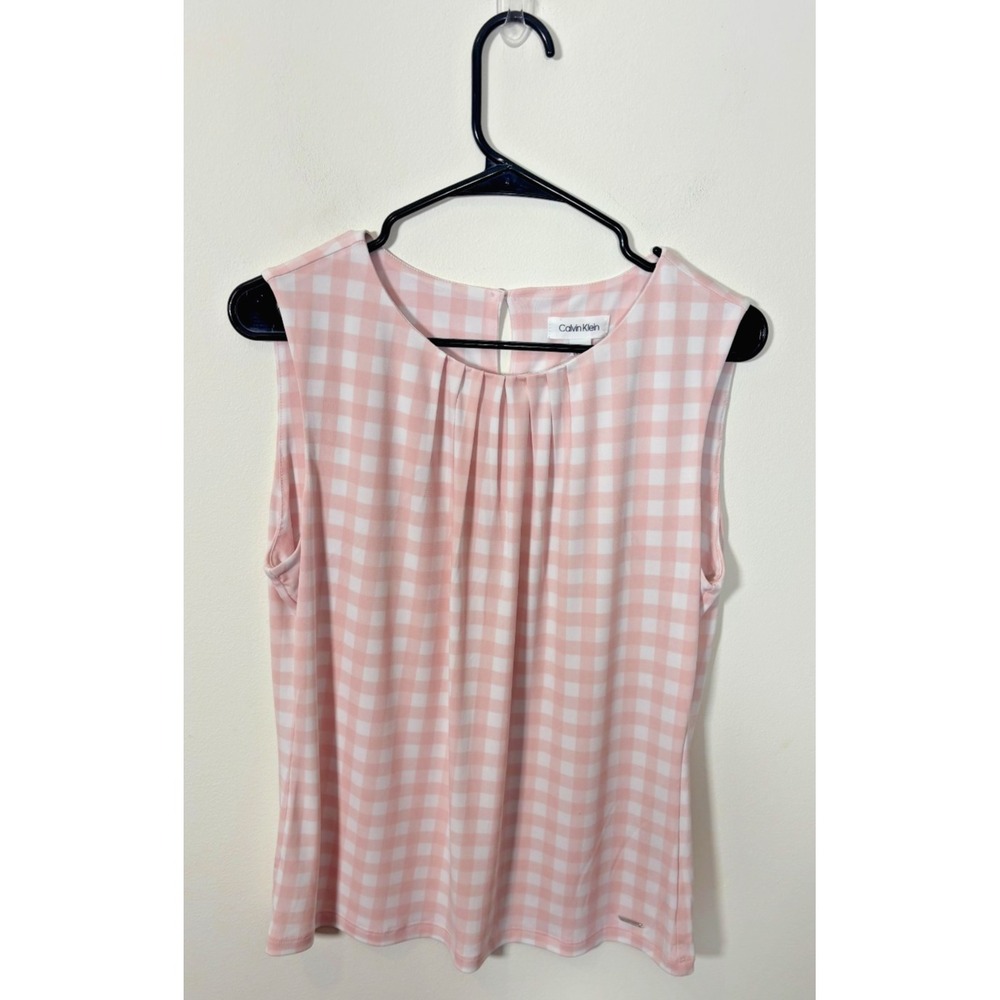 Calvin Klein Large White and Light Pink Checkered Tank Top Business Casual Shirt